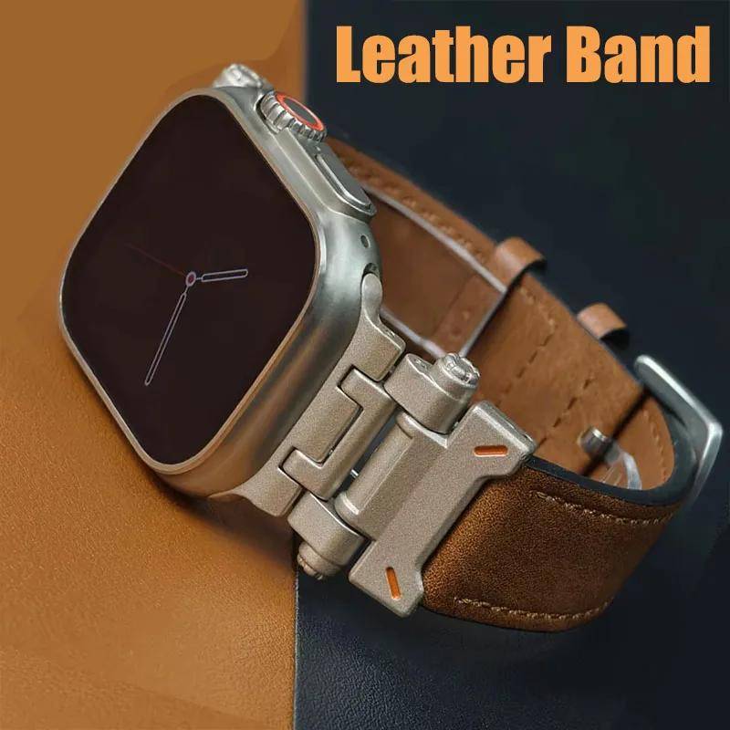 Lyxigt Läderband för Apple Watch Ultra 2 49mm Herrklocka Rem Armband för IWatch 10 46mm 9 7 8 6 5 4 Se 45mm 44mm black