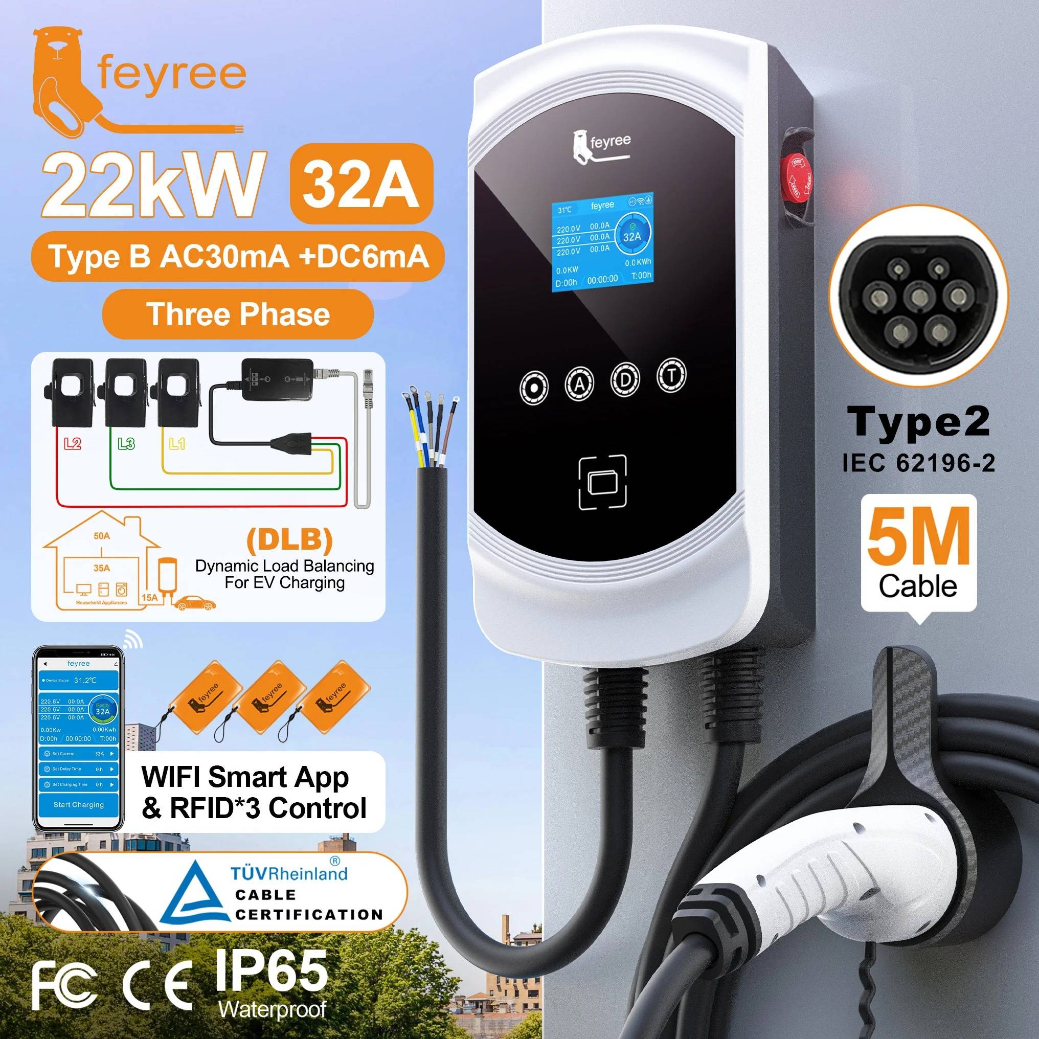 Feyree EV Charger Type2 32A 7.6KW 1P Dynamic Load Balancing Model 11KW 22KW 3P EVSE Wallbox With Tuya APP Function for EV Cars