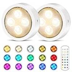 LED-skåpbelysning, batteri, LED, inbyggd lampa, kök, självhäftande kuddar, lim på ljus utan kabel med tappkontroll och fjärrkontroll (2-pack vit)
