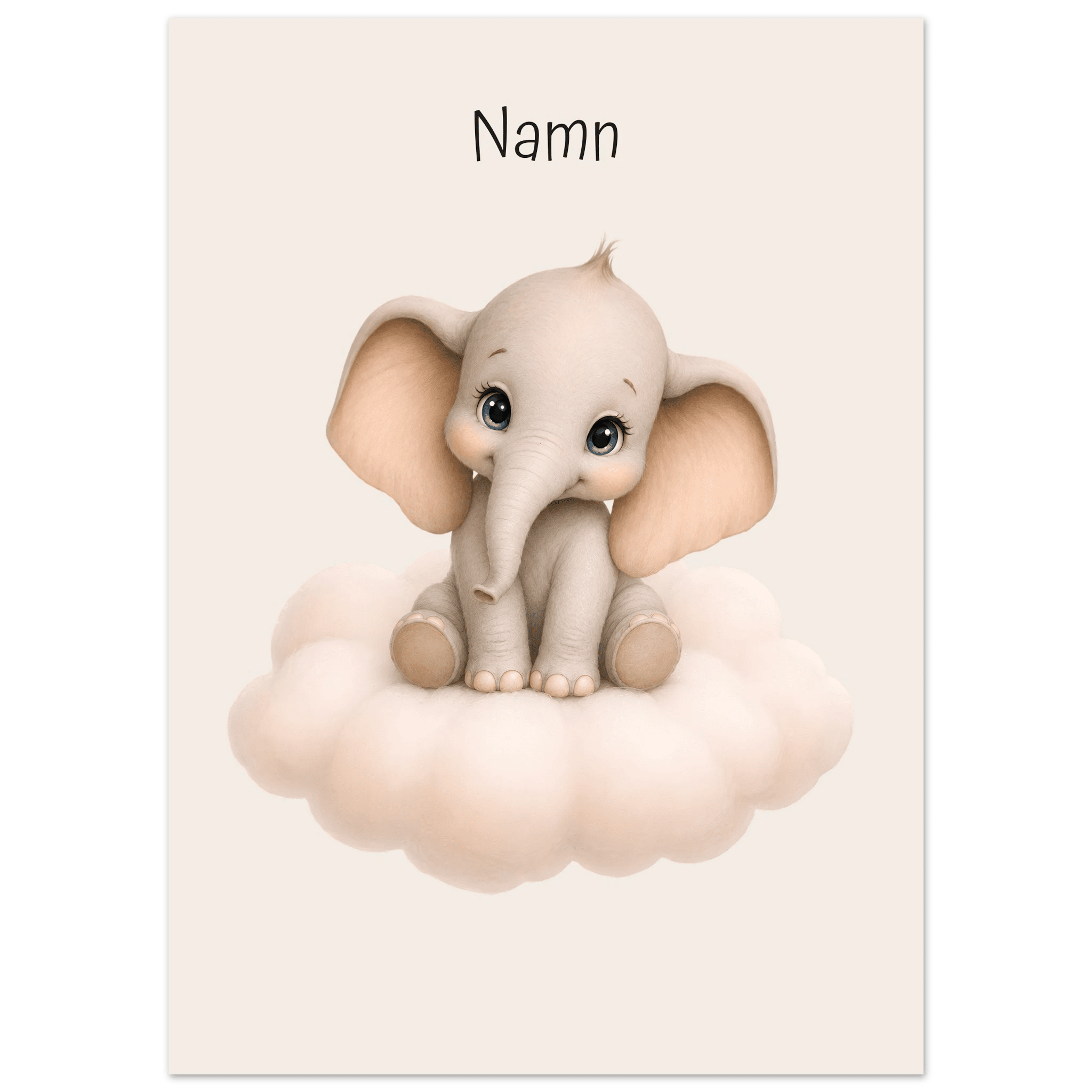 Elefant på moln med namn-50x70 cm / 20x28″ / Utan ram / -