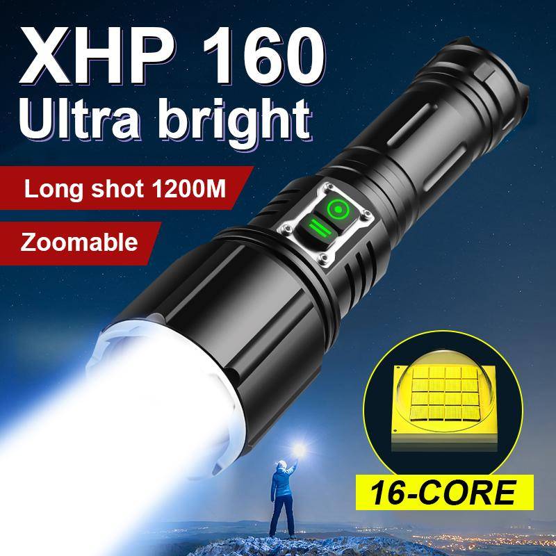 100000 Lumen XHP160 LED Högeffekts LED Ficklampa USB 18650 Uppladdningsbar Lampa Zoom Jakt Camping Ficklampa svart