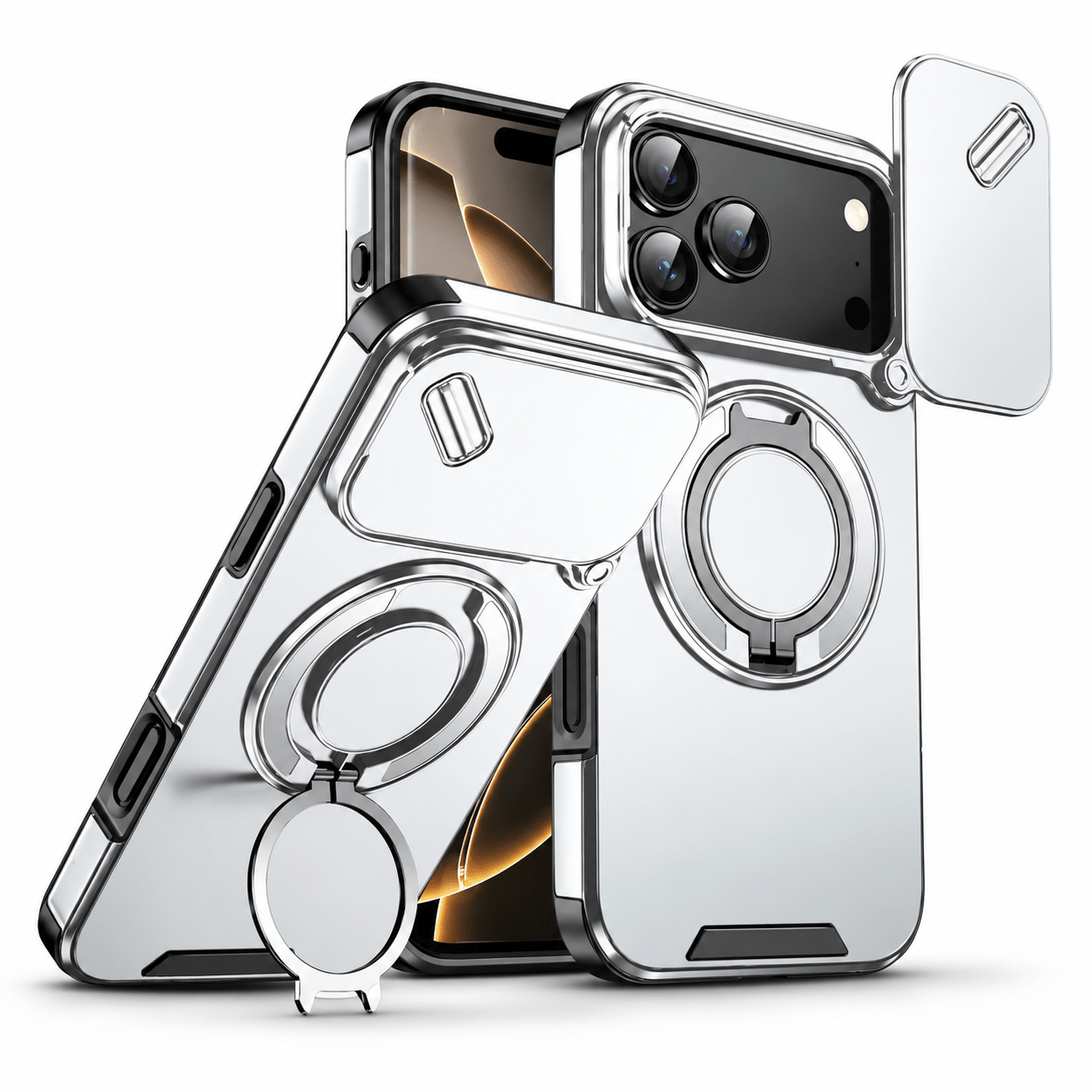 iPhone Skal med Kameraskydd & 360° Roterande Ringställ – Silver - iPhone 13 Pro Max (2 Veckors Leveranstid)