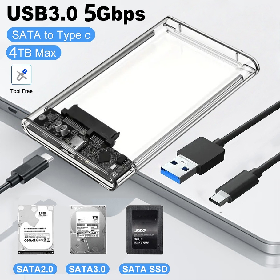 2.5 inch Hard Drive Enclosure USB 3.0/Type C to SATA III Clear External Hard Drive Case for 2.5 inch SATA SSD HDD Support UASP