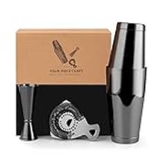 Jettory Boston Shaker Set – 4-delad Cocktail Shaker Set i Rostfritt Stål med 18/28 oz Shaker, Barsil och Mätkopp – Perfekt Presentförpackning för Hemmabruk (Svart)