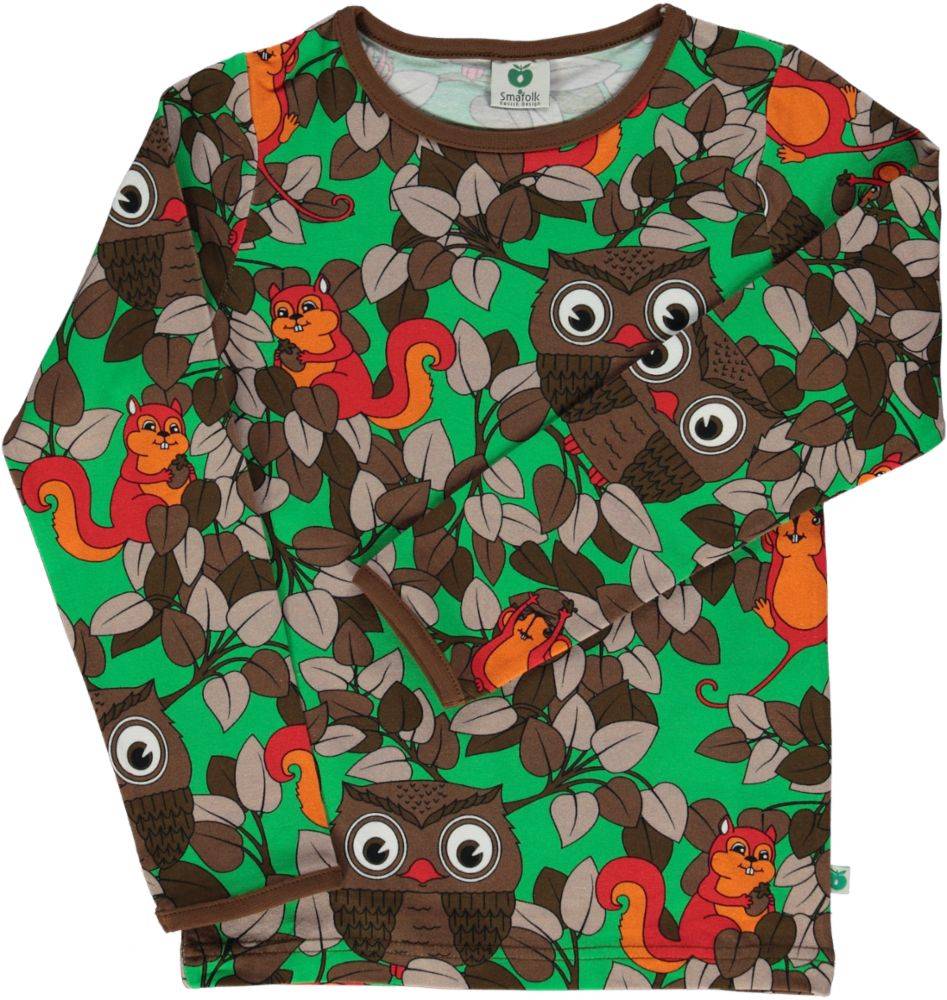 Langærmet bluse med ugler og egern - Green / 80 cm