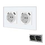 BSEED Vägguttag med USB-portar (typ C och typ A, totalt 2,1 A), dubbelt Schuko-uttag med klämmor, 16 A, 250 V vägguttag med 2 x USB- och typ-C-laddare, för smartphone, MP3 och surfplatta, vit