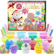 seeykey slime adventskalender 2024 för pojkar flickor, gör-det-själv fluffig kristall slime barn jul fördel kalender 24 dagar, jul överraskningar present med gör-det-själv slime kit