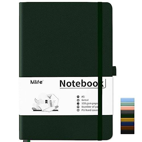 Mlife A5 Dotted Notebook, Anteckningsbok med 200 Sidor, Tjockt 100 G/M² Bläckbeständigt Papper, Anteckningsbok med Pu-Hårt Omslag, Innerficka, Elastiskt Band, Bullet Journal & Dagbok (grön)