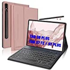 JADEMALL Tangentbordsfodral för Samsung Galaxy Tab S8 Plus/S7 Fe/S7 Plus 12,4 tum 2021, magnetiskt QWERTZ tyskt upplyst Bluetooth-tangentbord med fodral för Samsung Tab S7 Plus/Tab S7 FE (roséguld)