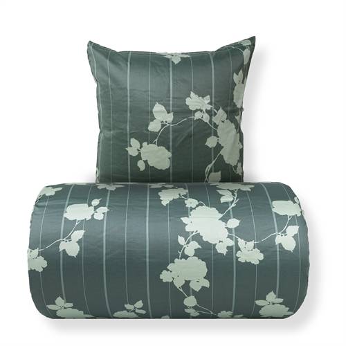 Sengetøj - 100% bomuldssatin - Rosenbloom - Grønt blomstret og stribet print.