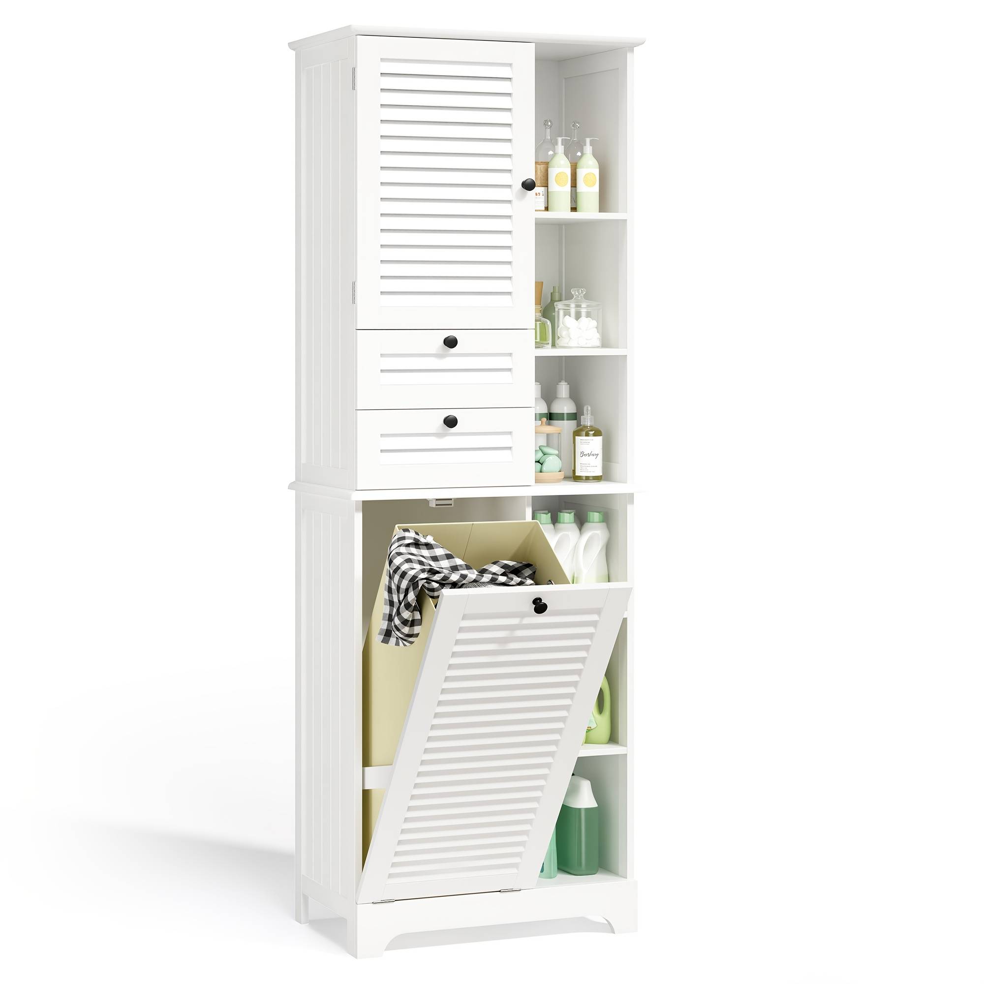 Bathroom Tall Cabinet With Foldable Laundry Bag, 2 Drawers And , Multi-functional Bathroom Storage Unit Featuring 6 Open Shelving Compartments, Ideal For Bathroom Organization And Storage, 60x37x170cm