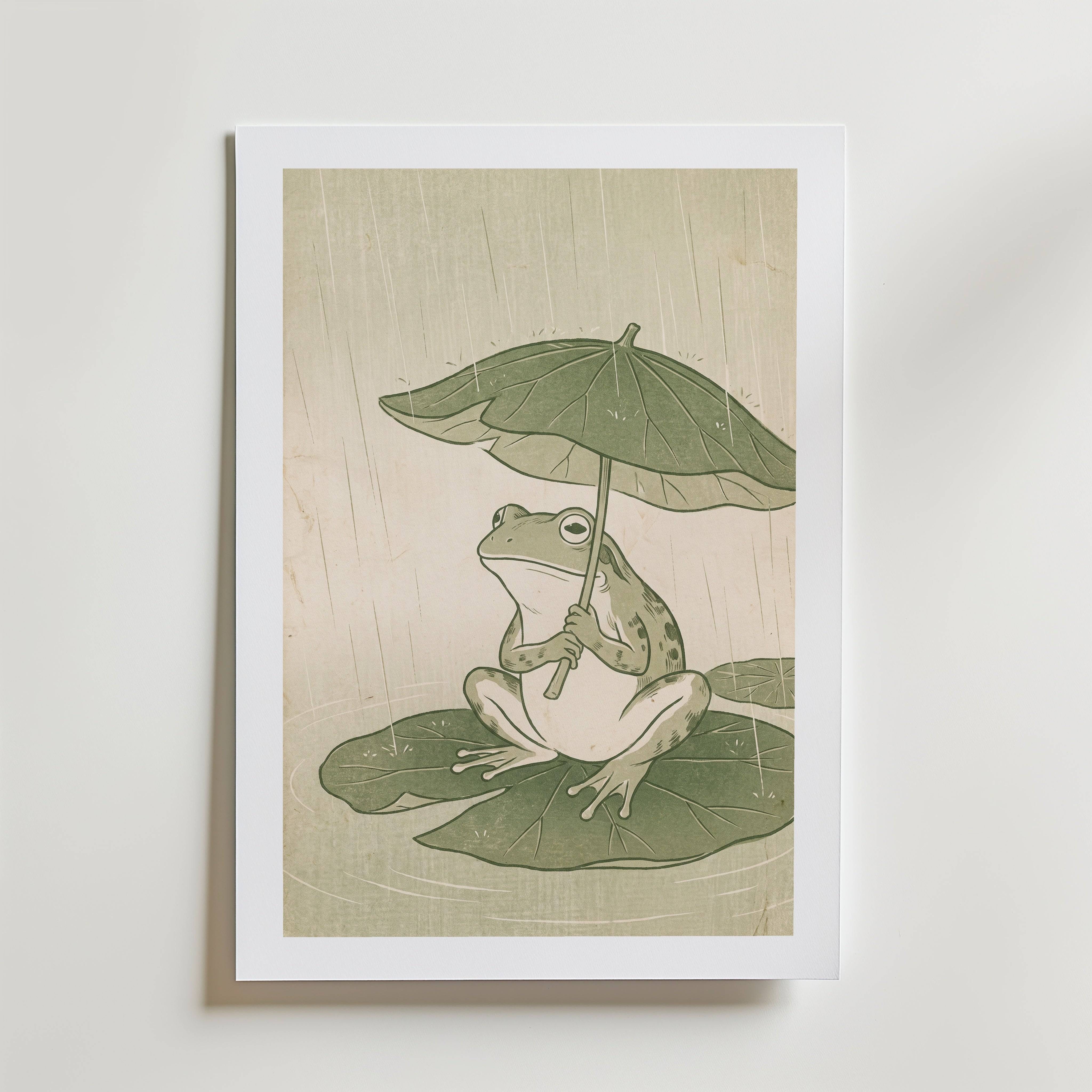Frog in the Rain Poster - Fine Art Poster 50x70 cm Med passepartout