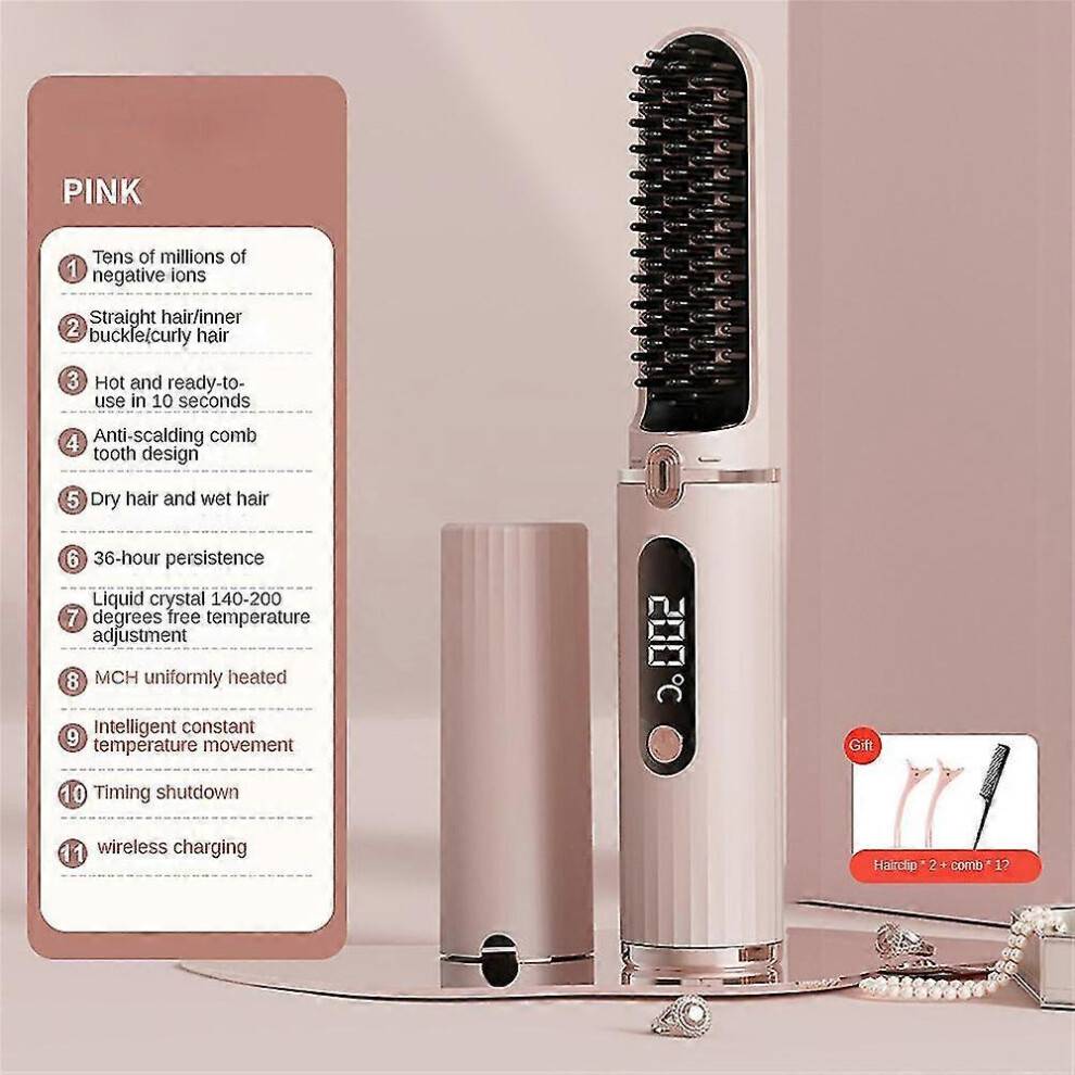 (Pink charging model) Electric Hair Straightener Brush Straight Quick Iron Hot Comb Styling Tool