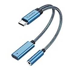 SOOMFON 3,5 mm USB C Jack ljudadapter och 2 i 1 typ C-adapter uttag och laddare kompatibel med Samsung Galaxy S21 S20 Ultra Note20, Huawei P40 Mate 40 Pro, Pixel 4/3/2/XL (blå), XF-AA002-BL