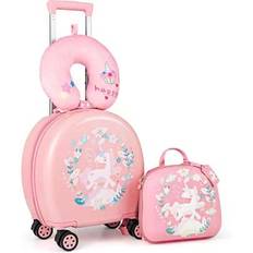 4 st. Barn resväska set, 35L rese resväska med ryggsäck, nackkudde & namnlapp, resbagage på hjul med söta mönster, barnbagage för barn från 3 år - Rosa