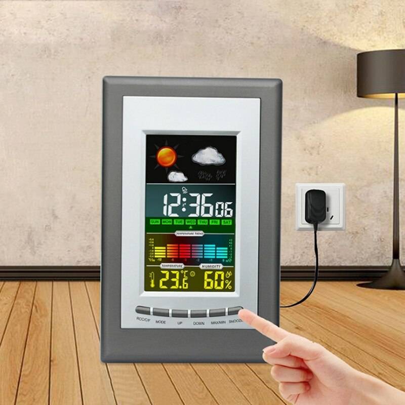 Väder elektronisk klocka, färg sn väderklocka, temperatur och fukt väckarklocka, digital kalender klocka