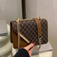 Mini Fashion Plaid Contrast Stitching Diagonal Backpack, Metal Chain Shoulder Strap Shoulder Bag Square Bag Suitable For Shopping - Coffee