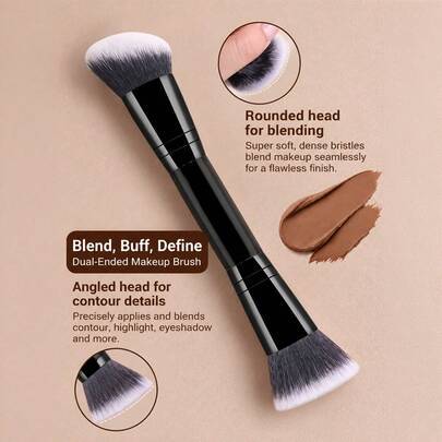 Dubbeländad makeupborste – vinklad konturborste och platt foundationborste, lämplig för BB-cream och flytande foundation, ger sömlös blending, skuggni - Svart