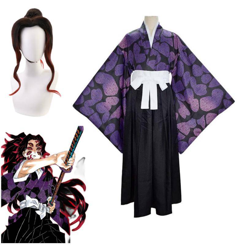 Anime Demon Slayer Kokushibo Cosplay Svart Röd Peruk Lila Kimono Haori Uniform Helloween Julfest Kostym cm