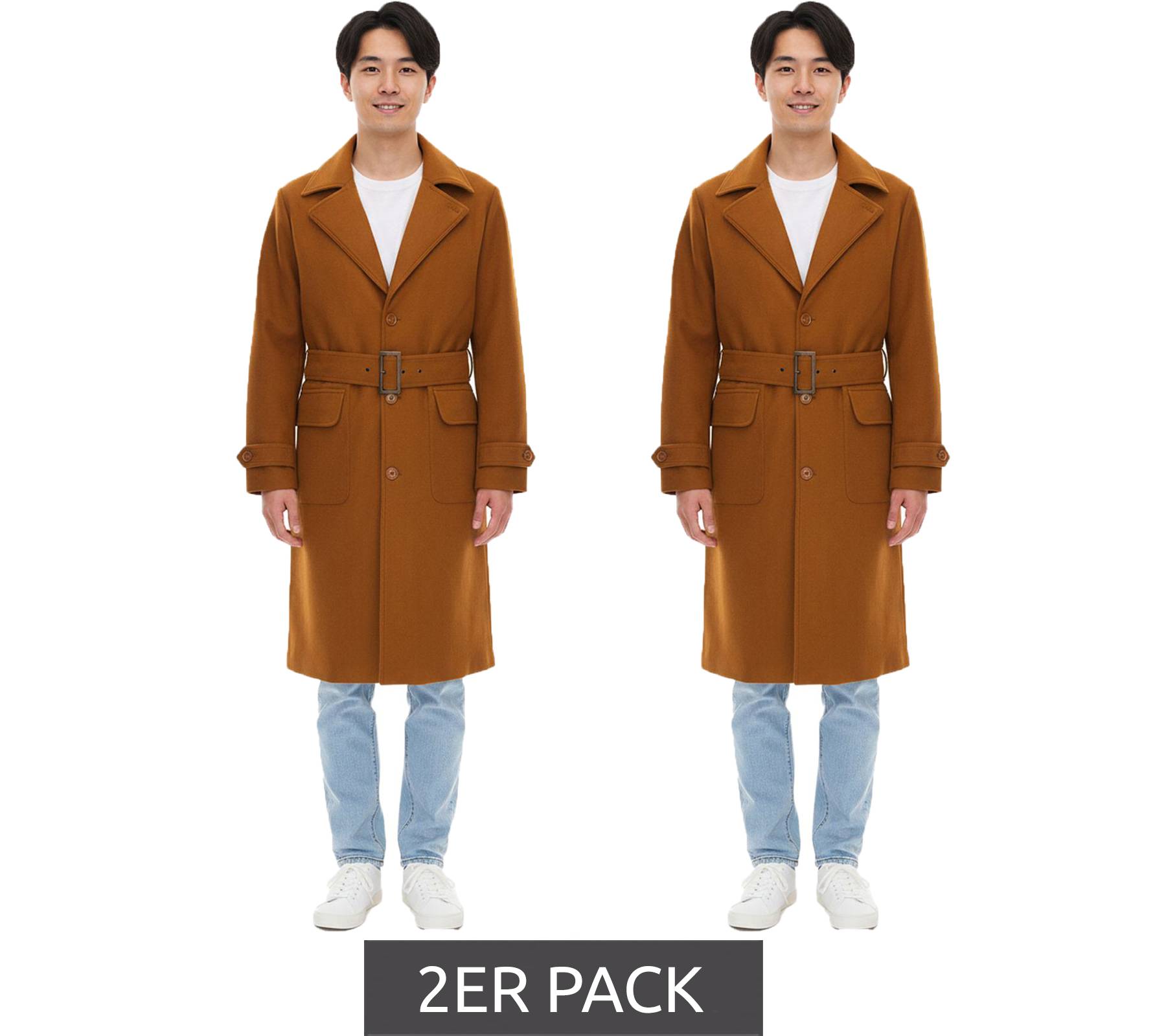 2er Sparpack Mantel für Herren mit Woll-Anteil Herbst-Jacke mit Gürtel Langarm mit Knöpfen Winter-Jacke 936768 Braun