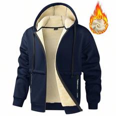 Men's Letter Pattern Thermal Lined Hooded Jacket, For Autumn/Winter, Men Fleece Hoodie, Men Zip Up Hoodie, Men Sherpa Lined Hoodie - Navy Blue - L,M,S,XL