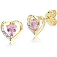 Classic Pear Pink Tourmaline & Diamond Heart Stud Earrings In 9ct Yellow Gold