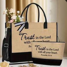 [1pc/2pcs Trust Lord Printed Handbags] TRUST In The Lord Printed Handbags And Lightweight Coarse Cloth Makeup Bag With Zipper Closure, Portable Travel - Khaki - 1 Large Bag + 1 Small Bag,Small Bag (excluding Large Bag),Large Bag (excluding Small Bag)
