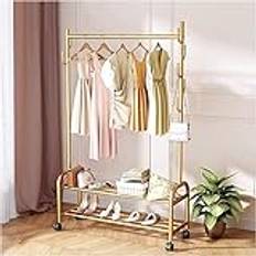 Metallklädstång med 7 sidokrokar och förvaringshylla fristående klädställ för rockar, skor och lådor (guld 100 cm)