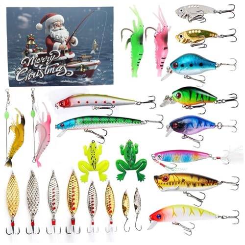 Lamppdcor Adventskalender med fiskedrag, 24 dagars nedräkning, fiskeutrustning, innehåller olika beten, för män, fiskare, fiskeentusiaster (stil 2)
