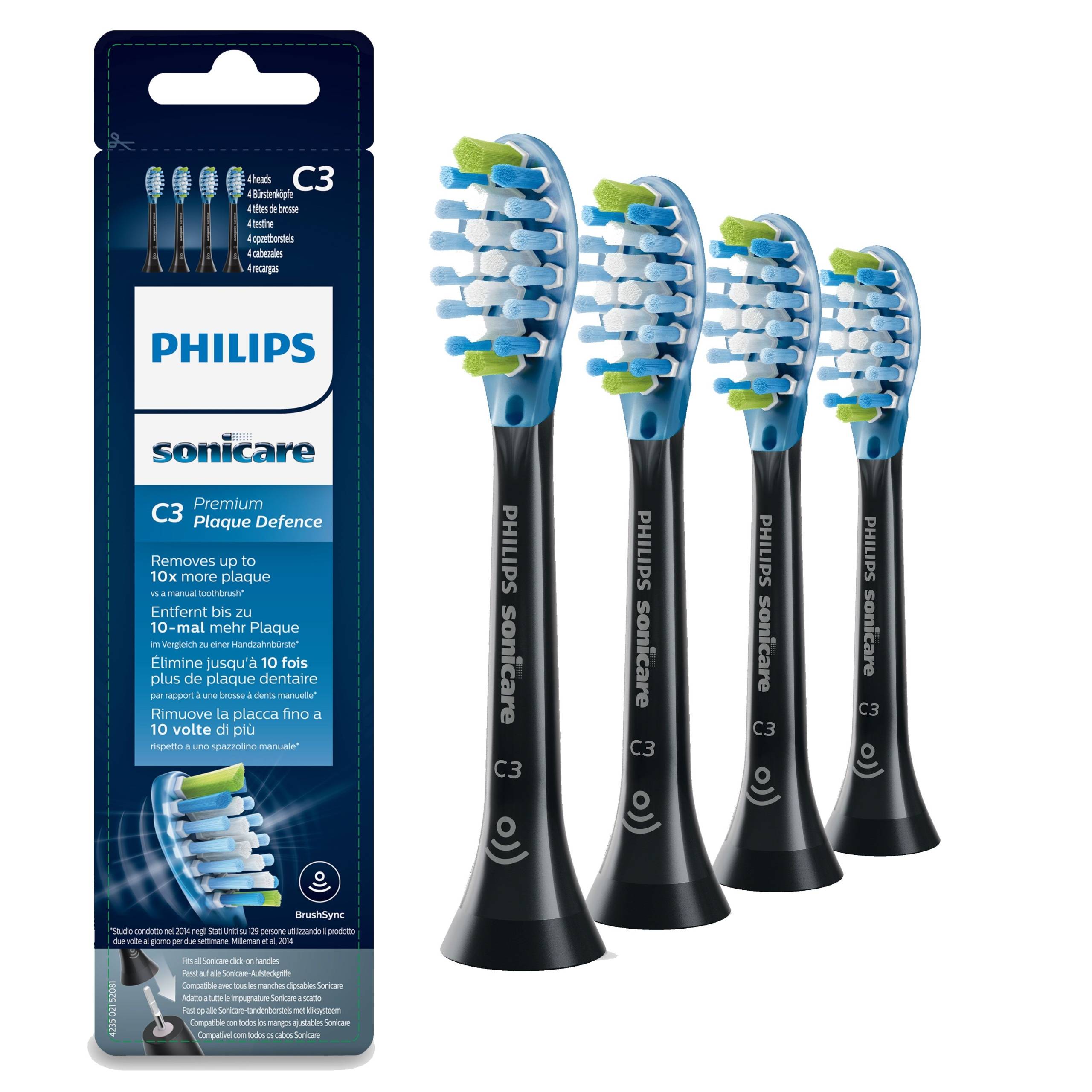 Philips C3 Premium Plaque Defence HX9044/33 - 4x Soniske tandbørstehoveder - Sort.