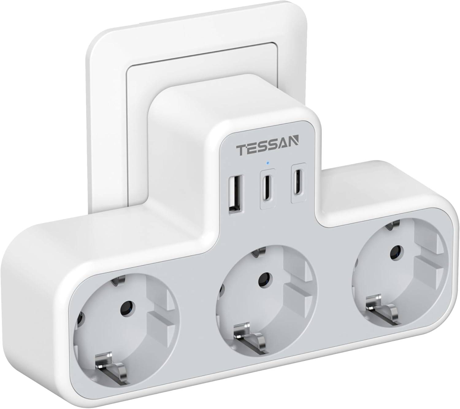 TESSAN Multipelt vägguttag med 2 USB C 1 USB A-portar, 6 i 1 USB-adapter med överbelastningsskydd för smartphone, surfplatta grå färg