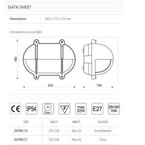 SKOTLAMPE oval-21 cm-IP54 Forkromet messing