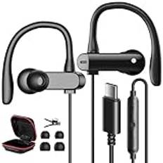 USB C-hörlurar med öronbygel in-ear typ C-headset, USB C, anslutning hörlurar med ENC mikrofonkabel för Galaxy A55 A35 Samsung A54 A34 S24 S23 S22 Pixel 9 8a 8 Pro 7 Mi POCO F6 för löpning, gym,