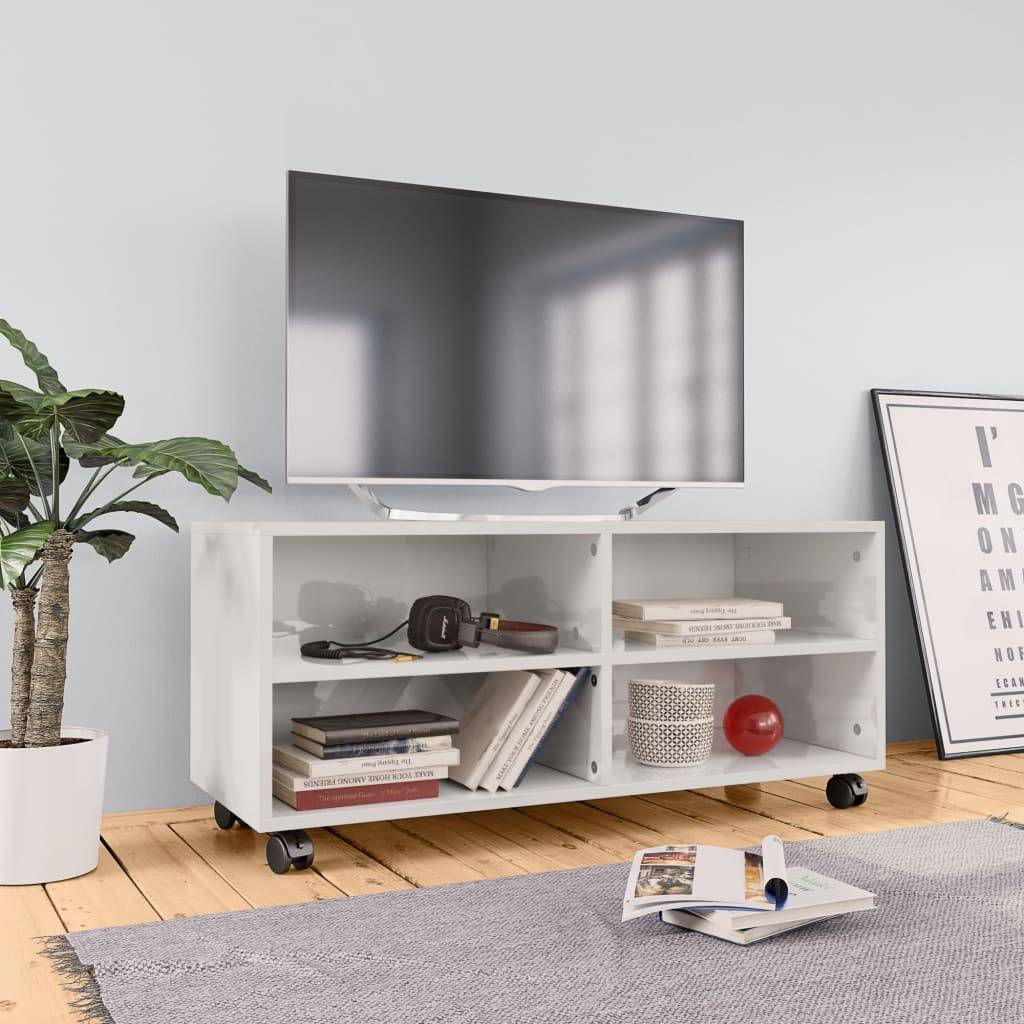 Tv-Bord Med Hjul 90X35X35 Cm Konstrueret Træ - Hvid højglans