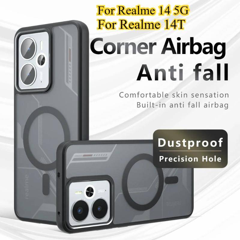 För Realme 14 5G Fodral för Magsafe Magnetisk Matt Akryl Bumper för Realme14 14 T Trådlös Laddning Hård +TPU Ram Frostat Fodral svart