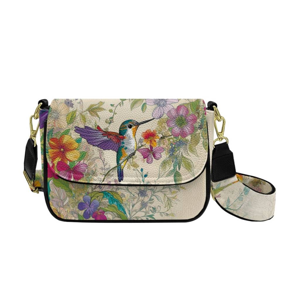 Hummingbird Blomsterprint Skuldertaske til Kvinder Mini Crossbody Rejsepung Moderigtig Taske med Justerbar Bred Rem til Shopping Forretning