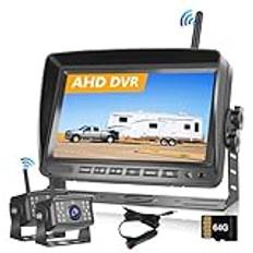 Hodozzy Trådlös digital backkamera videoinspelning 7" IPS-monitor AHD 2 kameror med SD-kort, vattentät backkamera/front nattseende backkamera trådlös bil 12V-36V