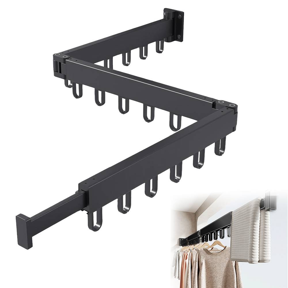 Foldable Wall Mount Laundry Drying Rack, Collapsible Retractable Clothes Hanger with 18 Anti-Wind Hooks, Drill-Free Installation Option, Space-Saving for Balcony, Bedroom, Laundry Room