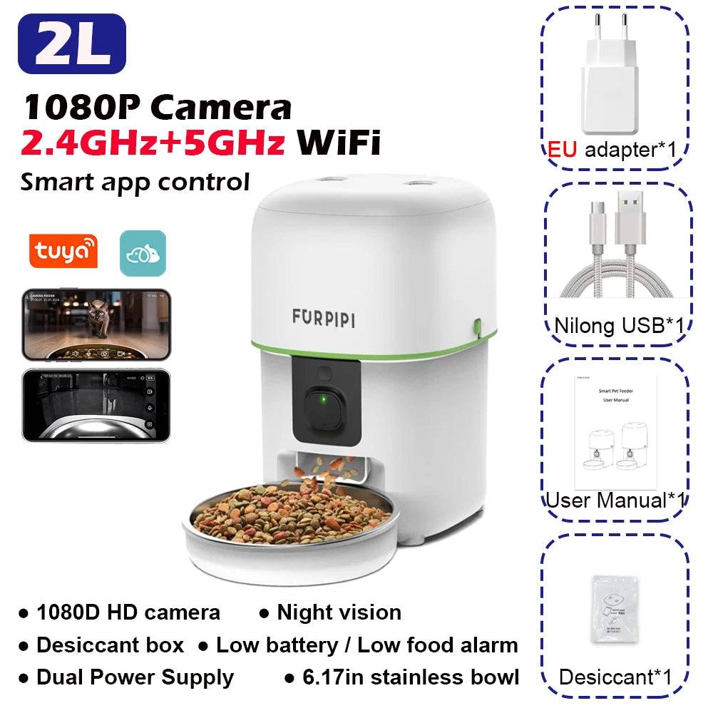 Smart Camera Pet Feeder with 1080P HD & 5G WiFi - White EU plug / 1080P HD 5GWiFi / 2L 0.53gal