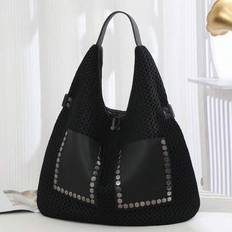 Retro Mesh Tote Bag, Large Capacity Punk Rivet Messenger Bag, Big Size Women Handbag - Black