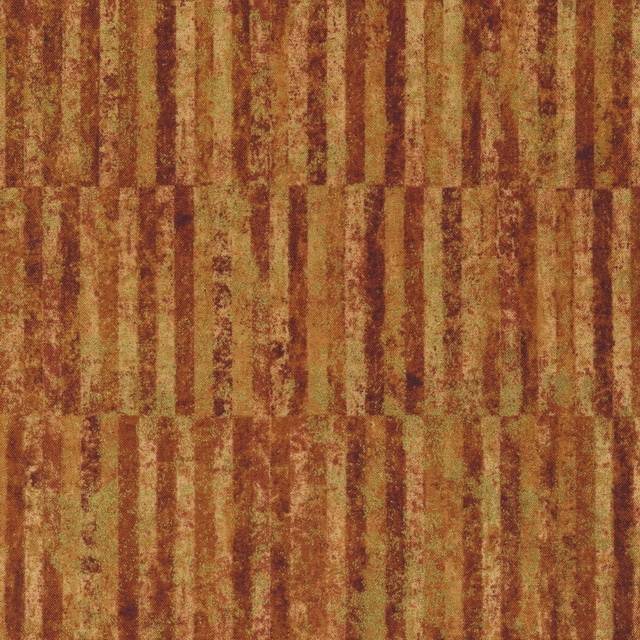 Patchworkstof batik i aflange striber i rust, gylden og guld.