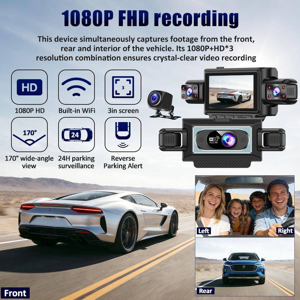 360° Dashcam med 4 linser för bilar, WiFi-app, 1080P, 4-kanals videobilskamera, kupé- och backkamera