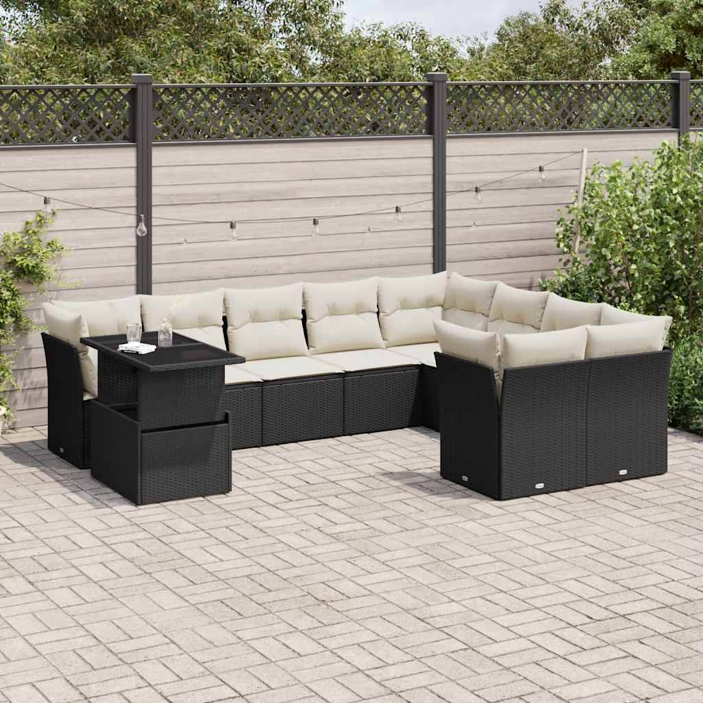 Sofasæt Til Haven 10 Dele Med Hynder Polyrattan - Sort og cremefarvet / Uden bord