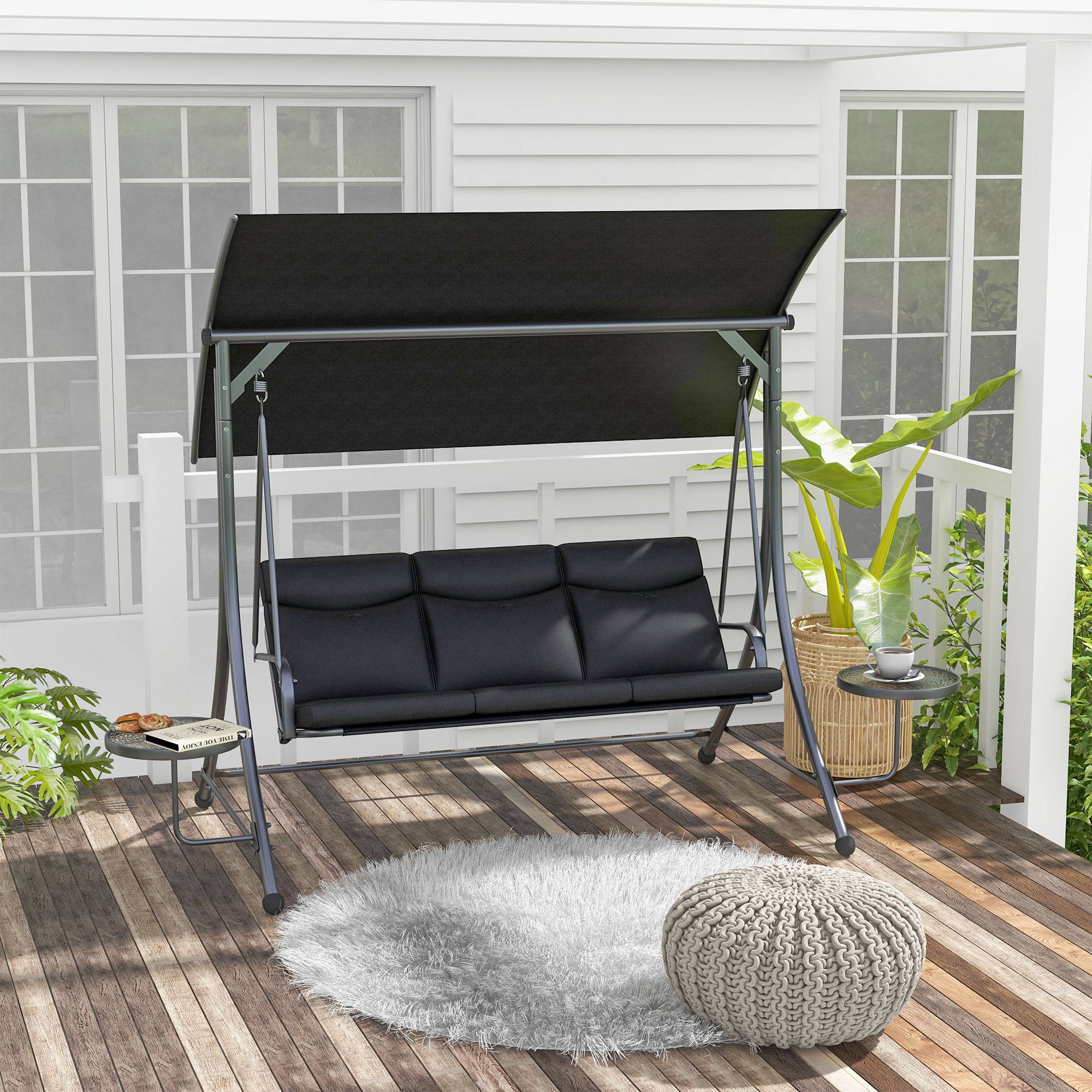 Verandagynge med sofabord, 3-personers havegynge med justerbart soltag, gyngebænkbelastning op til 300 kg, til have, terrasse, 271 x 125 x 177 cm, sort