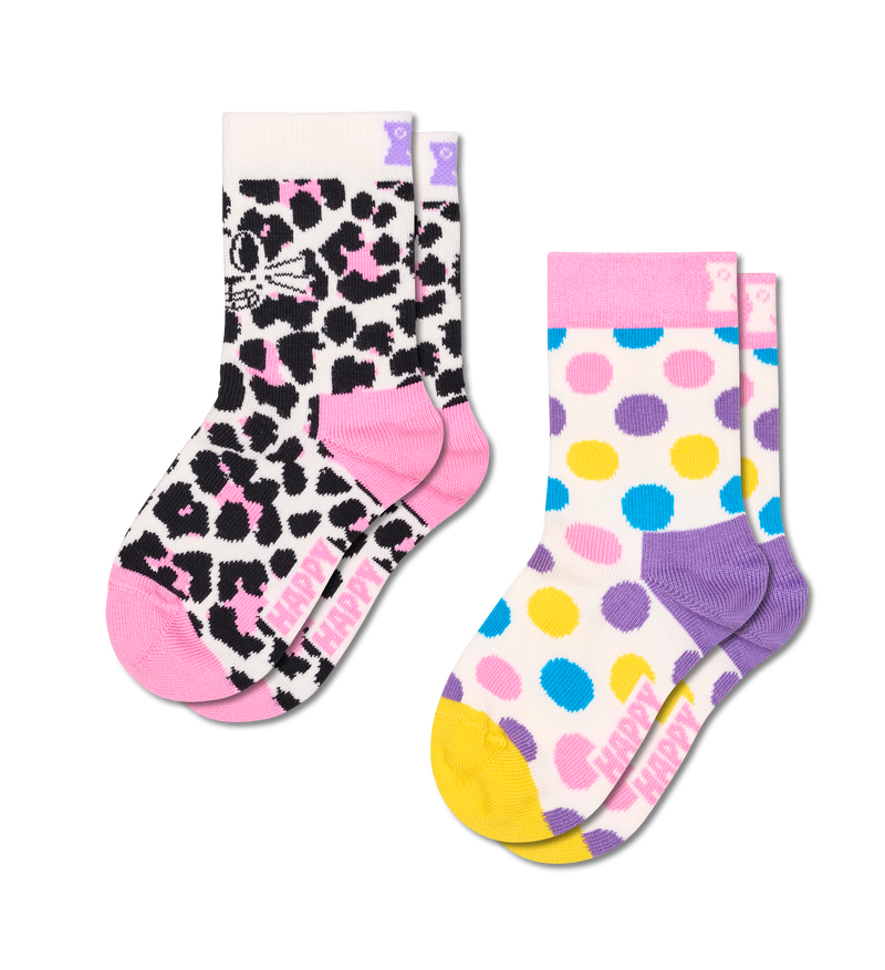 Kids' Leopard Face & Dot Socks | Fun 2-Pack - White, Yellow, Pink, Purple, Blue, Brown (12-24 Months)