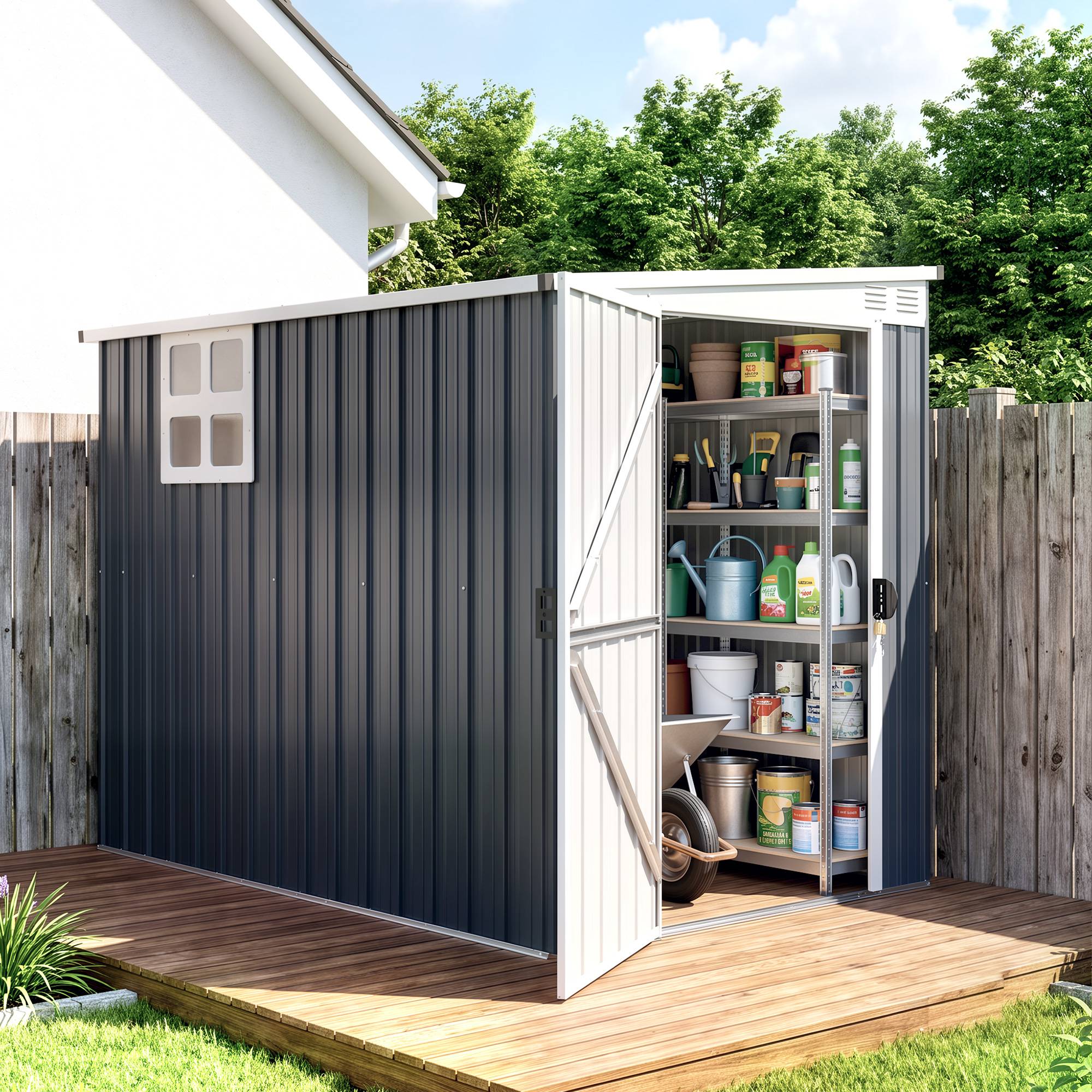 Metal redskabsskur 2,7m² 128x231x181cm redskabsskur med tagvindue, aflåselig dør, vejrbestandigt havehus, udendørs haveskur til baghave, udendørsområde, mørkegrå.