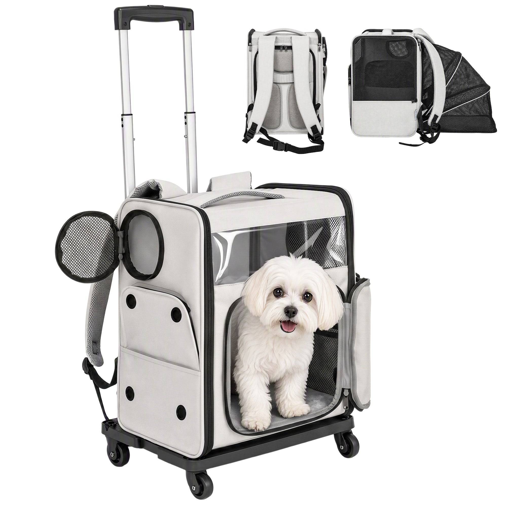 Kæledyrstaske med hjul, foldbar transportkasse til hunde og katte op til 5 kg, åndbar trolley, grå