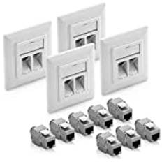 deleyCON 4x Keystone-Kontakt Nätverkskontakt Infälld Datakontakt + 8x CAT 6a Keystone Jack-Modul RJ45 Uttag - CAT Nätverk Installation Kabel Helt Skärmad Vit
