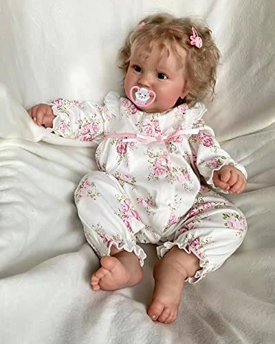 MineeQu 24 tum 60 cm Verklighetstrogen enorm babystorlek Sweet Smile Reborn Baby Doll Presentset med rotat blont lockigt hår Realistiska nyfödda småbarnsprinsessdockor som ser verkliga ut och känns verkliga