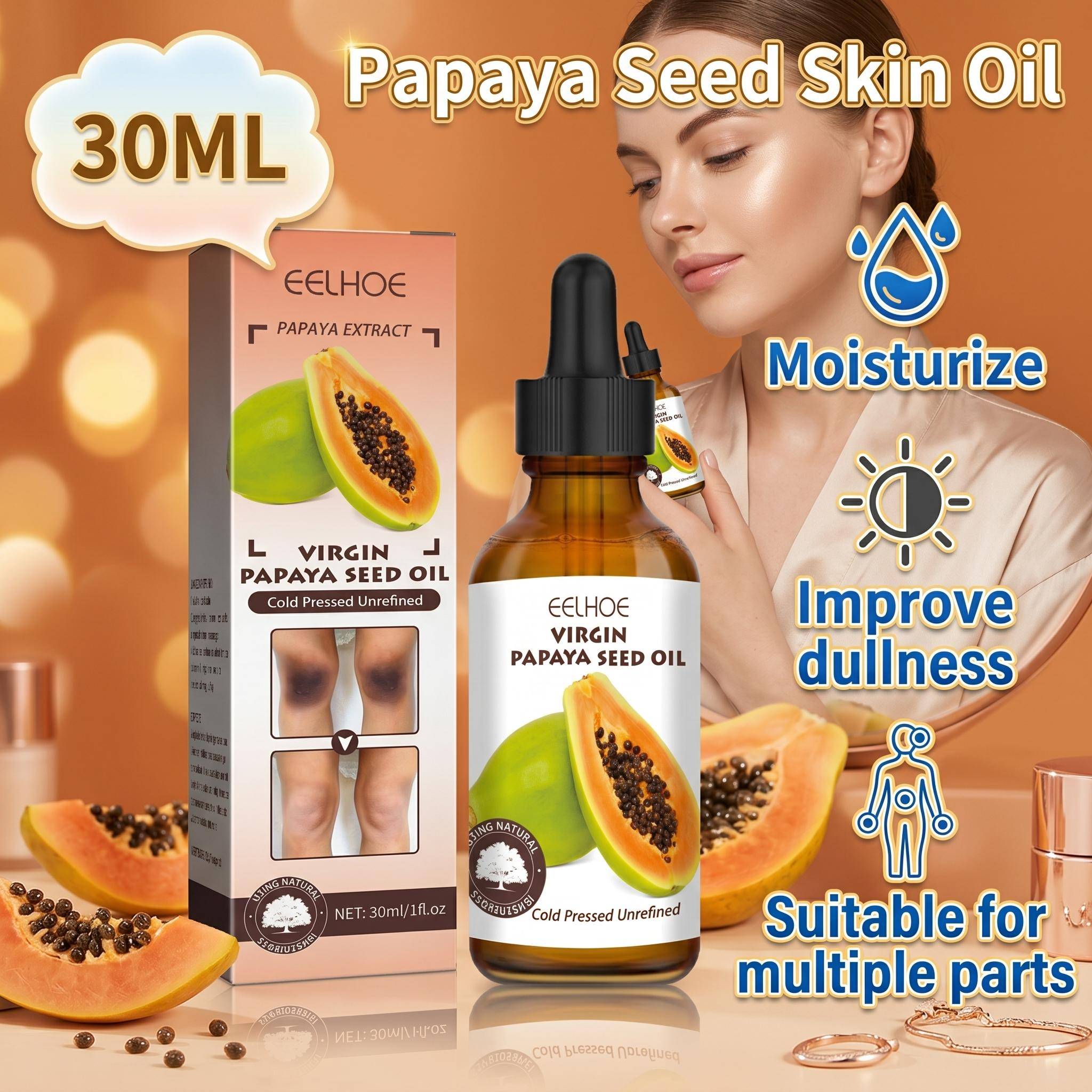 EELHOE Papayafrö Kroppsolja För Hudens Mörka Fläckar Armbågar Knän Grov Hud Uppljusande Fuktgivande Vårdolja 30ml